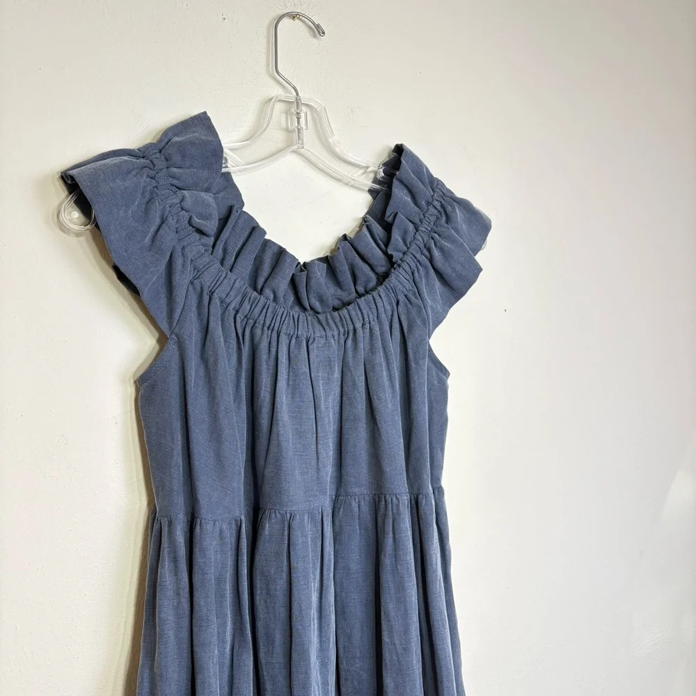 ULLA JOHNSON Olivia Off-the-Shoulder Tiered Ruffle Chambray Denim Linen Dress 2 - Picture 8 of 16